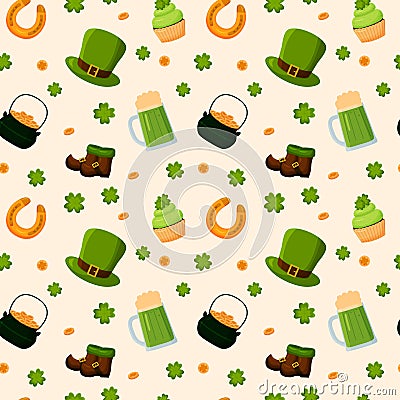 Vector Patrick's Day Seamless Pattern in cartoon style. Clover leaves, pot with golden coins and patricks symbols on Vector Illustration