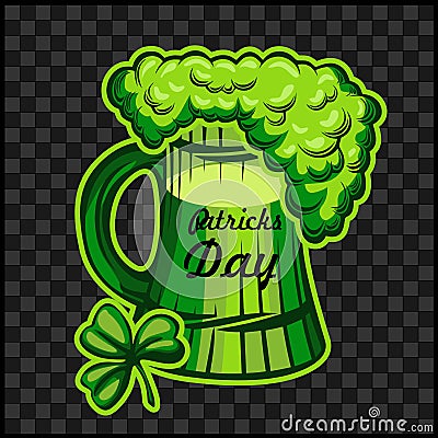 Vector Patricks green beer - Beer mug of foamy green ale. Vector illustration isolated on dark Vector Illustration