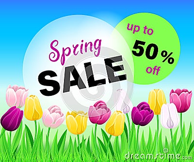 Vector Pattern For Advertising Billboard Design, Spring Sale Banner, Sale Poster, Sale Flyer, 50% Off. Multi-Color Tulips Vector Illustration