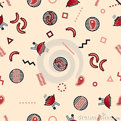 Vector pattern barbecue party, weekend grill sausages, hot dog, bacon on grill background Vector Illustration