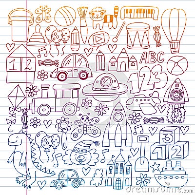 Vector pattern with children toys. Robot, rocket, horse, doll Vector Illustration