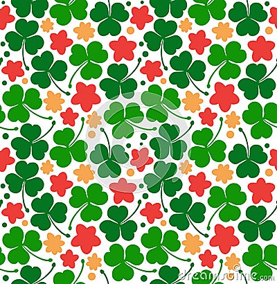 Vector pattern with clovers, trefoils. St. Patrick`s day texture. Decorative floral background with flowers. Vector Illustration