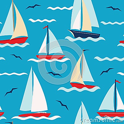 Vector pattern with colorful sailboats on the sea Vector Illustration