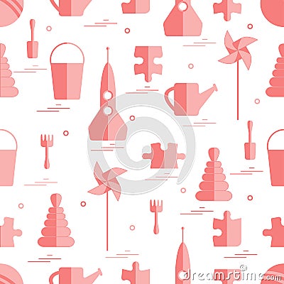 Vector pattern of different kids toys objects: rocket, puzzle, b Vector Illustration