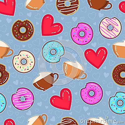 Vector pattern of donuts, cappuccino cups and red hearts Vector Illustration