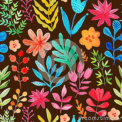 Vector pattern with flowers and plants. Floral decor. Original floral seamless background. Bright colors watercolor Vector Illustration