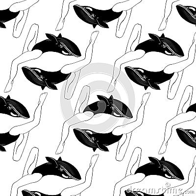 Vector pattern with hand drawn illustration of whale with human legs isolated Vector Illustration