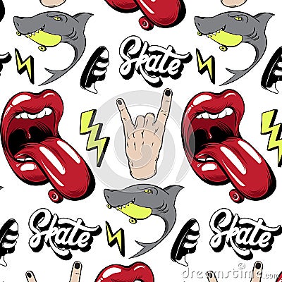 Vector pattern with hand drawn pins. Sketch of mouth, rock hand, lightening, shark, sneakers. Vector Illustration
