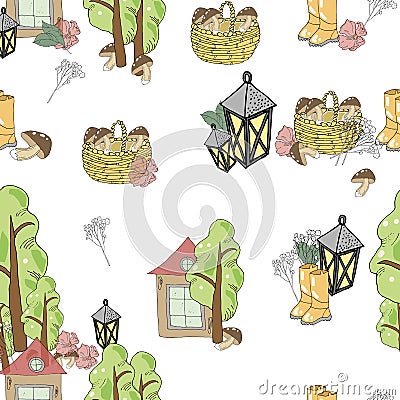 Vector pattern of house tree lantern basket and mushrooms Stock Photo