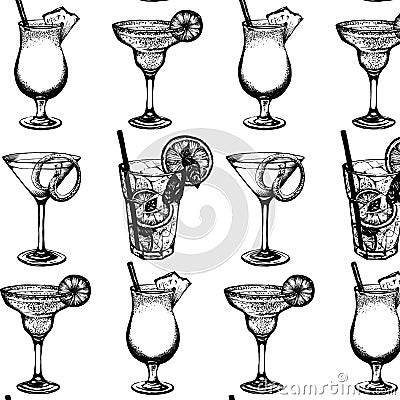 Vector pattern with illustration of alcoholic cocktails. Vector Illustration