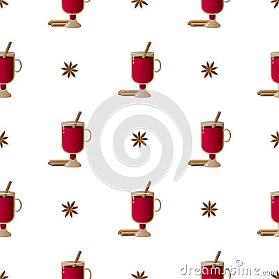 Pattern illustration with composition of cinnamon sticks, irish glasses with mulled wine and cardamon Vector Illustration