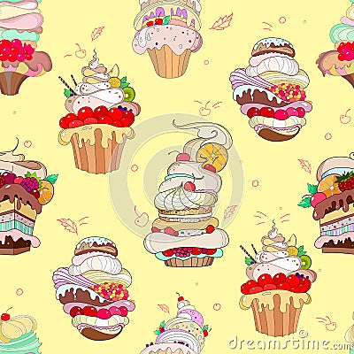 Vector pattern. Illustration of fantastic cakes in the tender yellow background. hipster background Vector Illustration