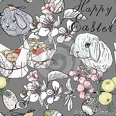 Seamless vector Easter illustration. Pattern rabbits, cupcake, Easter cupcake, flowers, words for print to designers, abstraction Vector Illustration