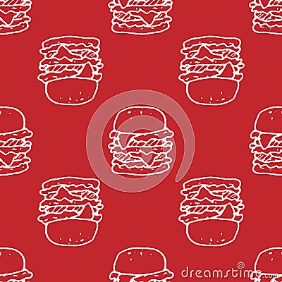 Vector a pattern of a large hamburger on red. seamless Burger pattern, drawn in doodle style white outline on red, menu design Vector Illustration