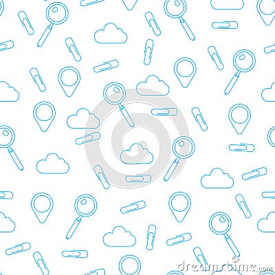 Vector pattern made of clip, magnifying glass, GPS geo tag, store cloud. Seamless tiling background. Search service concept Vector Illustration