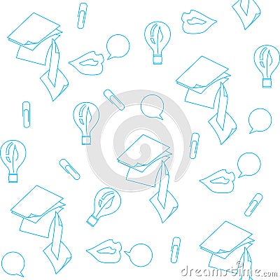 Vector pattern made of thin line icons of lamps, clips, lips, paper sheets and speech bubbles. Seamless tiling background Vector Illustration