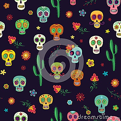 Vector seamless pattern with sugar skulls on a dark background Vector Illustration