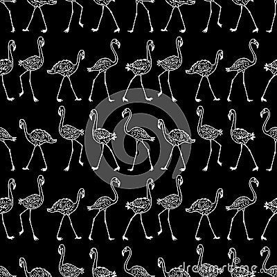 Seamless background of walking cartoon flamingos Vector Illustration