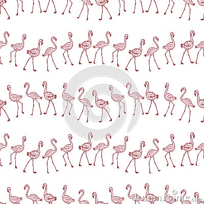 Seamless background of outlines cartoon flamingos walking in rows Vector Illustration