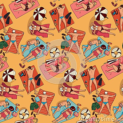 Vector pattern with people sunbathing on the beach in a fashionable flat style. A linear contour with a color in the Vector Illustration