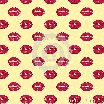 Vector pattern with prints of red lips. A splendid ornament with kisses on a yellow background Vector Illustration