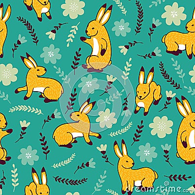 Vector pattern with rabbits and flowers. Vector Illustration