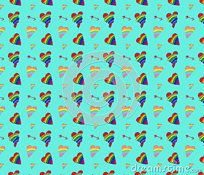 Vector pattern with rainbow hearts. Gay pride flag colored illustration. Trendy stylish texture. Repeating colorful tile, artwork Vector Illustration