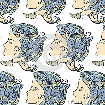 Vector pattern of realistic woman profile with hand drawn wavy fairy elements and lace. Vector Illustration