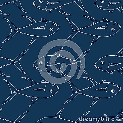 Vector pattern of sea tuna. Seamless pattern of a sketch drawn in the style of a whole sea tuna, side view, white isolated outline Vector Illustration
