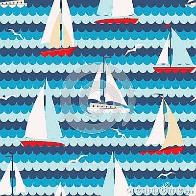 Vector pattern with seagull and colorful sailboats Vector Illustration