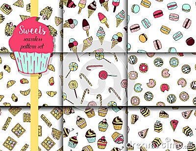 9 vector pattern set with doodle sweets. Vector Illustration