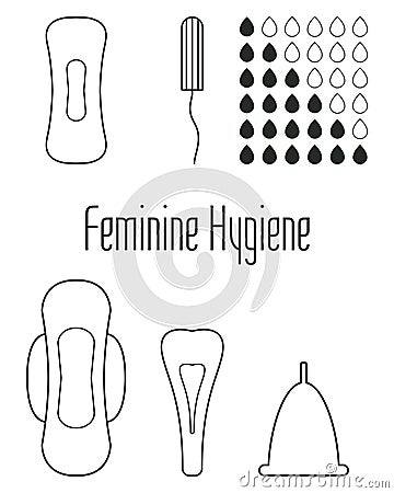 Vector pattern, set of menstruation and daily sanitary pads, tampon and menstrual cup. Hygiene protection for woman critical days. Vector Illustration