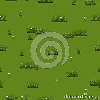 Summer seamless texture of green grass and flowers. Vector pattern Stock Photo