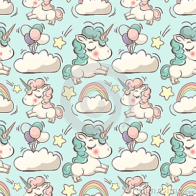 Vector pattern with unicorn, clouds and rainbow Stock Photo