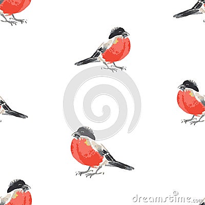 Seamless background of watercolor sketches of bullfinches Vector Illustration