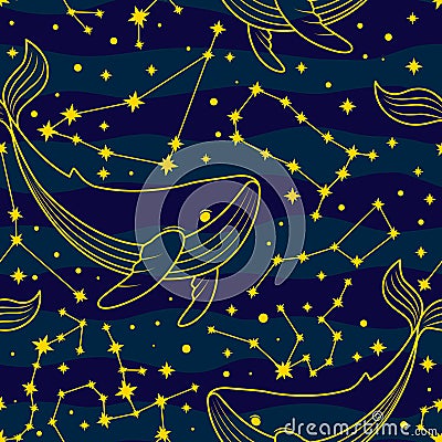 Vector pattern with whales and constellations Vector Illustration