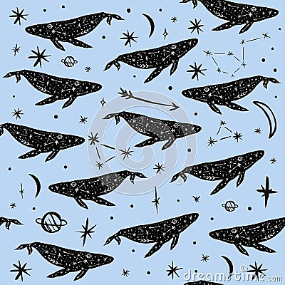 Vector pattern with whales, moon and stars, space constellations. Beautiful wall texture Cartoon Illustration