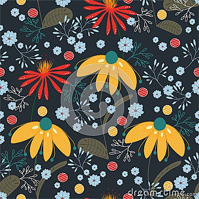 Vector pattern with yellow, red, blue, turquoise flowers and leaves.Texture, background, wallpaper Vector Illustration