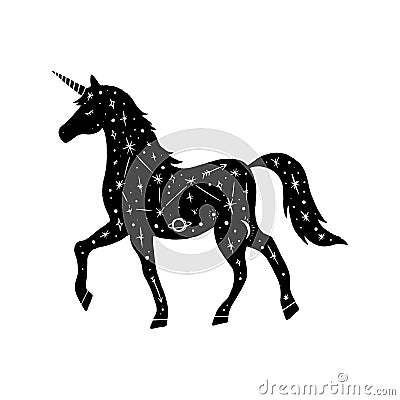 Vector patterned polar unicorn, moon and stars, space constellations. Beautiful onamental animal print, Northern Lights Cartoon Illustration