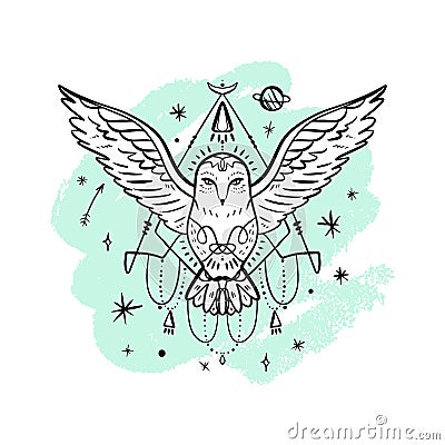 Vector patterned polar white owl, moon and stars, space constellations. Beautiful onamental animal print Cartoon Illustration