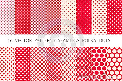 16 VECTOR PATTERNS SEAMLESS POLKA DOTS set red background Vector Illustration