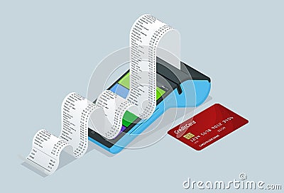 Vector payment machine and credit card. POS terminal confirms the payment by debit credit card, invoce. Vector Vector Illustration