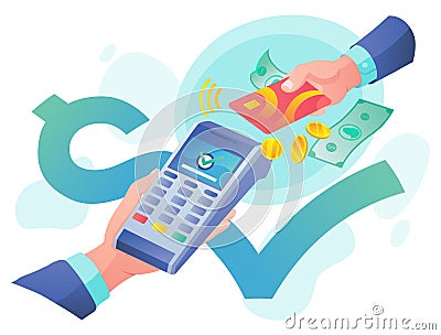 Vector payment machine and credit card. POS terminal confirms the payment by debit credit card, invoce. Vector Cartoon Illustration