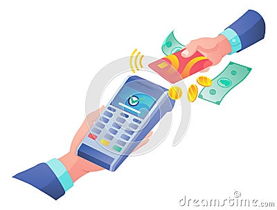 Vector payment machine and credit card. POS terminal confirms the payment by debit credit card, invoce. Vector Vector Illustration