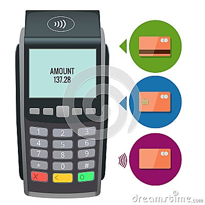 Vector payment machine and credit card. POS terminal confirms the payment by debit credit card, invoce. Vector Vector Illustration