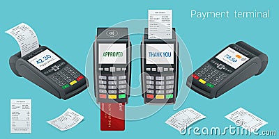 Vector payment machine and credit card. POS terminal confirms the payment by debit credit card, invoce. Vector Vector Illustration