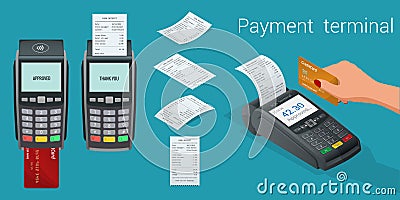 Vector payment machine and credit card. POS terminal confirms the payment by debit credit card, invoce. Vector Vector Illustration