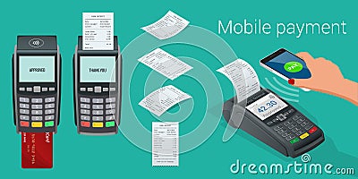 Vector payment machine and credit card. POS terminal confirms the payment by debit credit card, invoce. Vector Vector Illustration