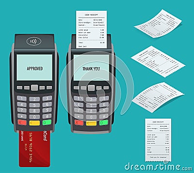 Vector payment machine and credit card. POS terminal confirms the payment by debit credit card, invoce. Vector Vector Illustration