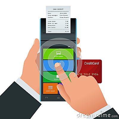 Vector payment machine and credit card. POS terminal confirms the payment by debit credit card, invoce. Vector Vector Illustration